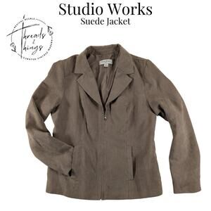 Studio Works Jacket Women's 4p Faux Suede Beige Riding Zip Lined Pockets Classic